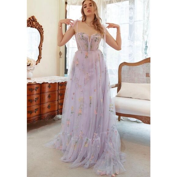 Zapaka Lavender Tulle A Line Corset Plus Size Prom Dress with Embroidered NWT - Picture 2 of 13